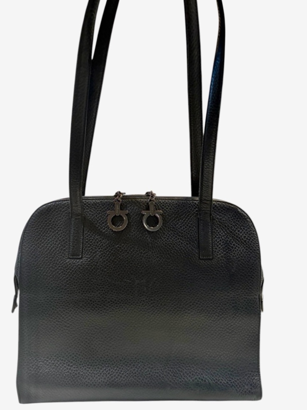 Salvatore Ferragamo Black Pebbled Leather Gancini Shoulder Bag Authentic COA